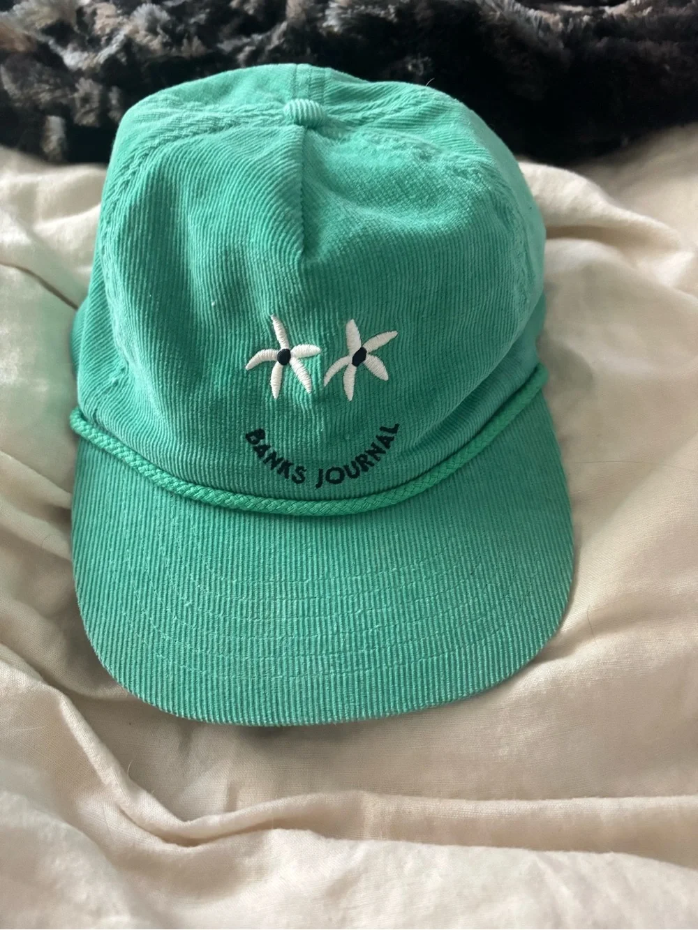 ' Teal Corduroy Cap with White Floral Embroidery